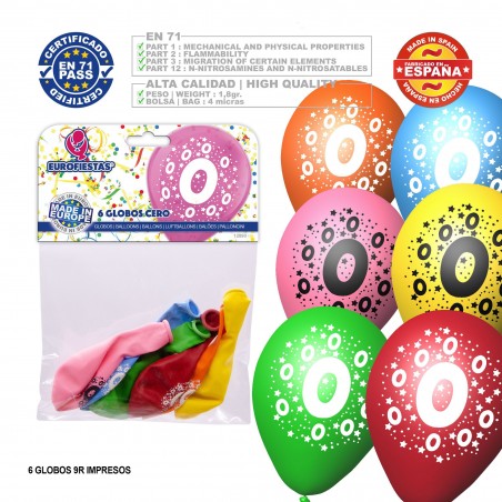 Pack Globo Colores Surtidos 9r Número 0 Impreso 6 Unidades