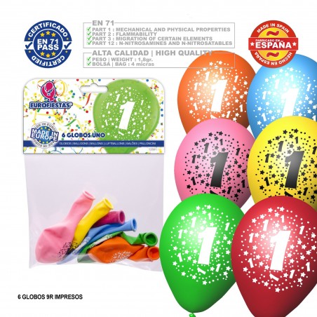 Pack Globo Colores Surtidos 9r Número 1 Impreso 6 Unidades