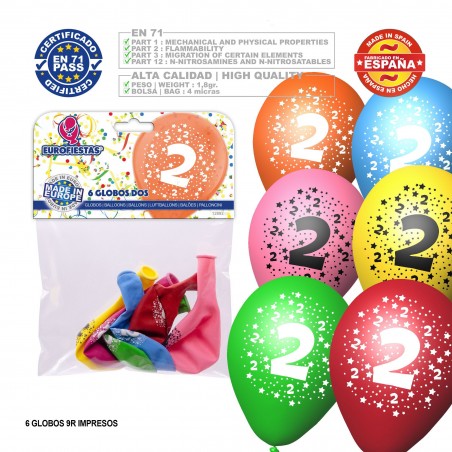 Pack Globo Colores Surtidos 9r Número 2 Impreso 6 Unidades