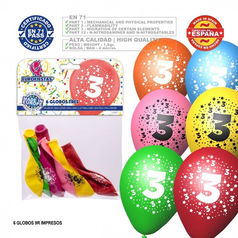 Pack Globo Colores Surtidos 9r Número 3 Impreso 6 Unidades Pack Globo Colores Surtidos 9r Número 3 Impreso 6 Unidades