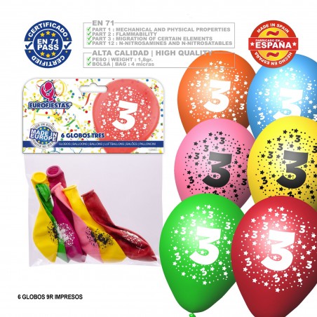 Pack Globo Colores Surtidos 9r Número 3 Impreso 6 Unidades