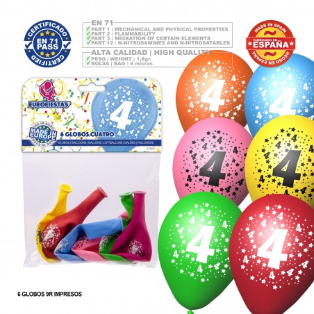 Pack Globo Colores Surtidos 9r Número 4 Impreso 6 Unidades