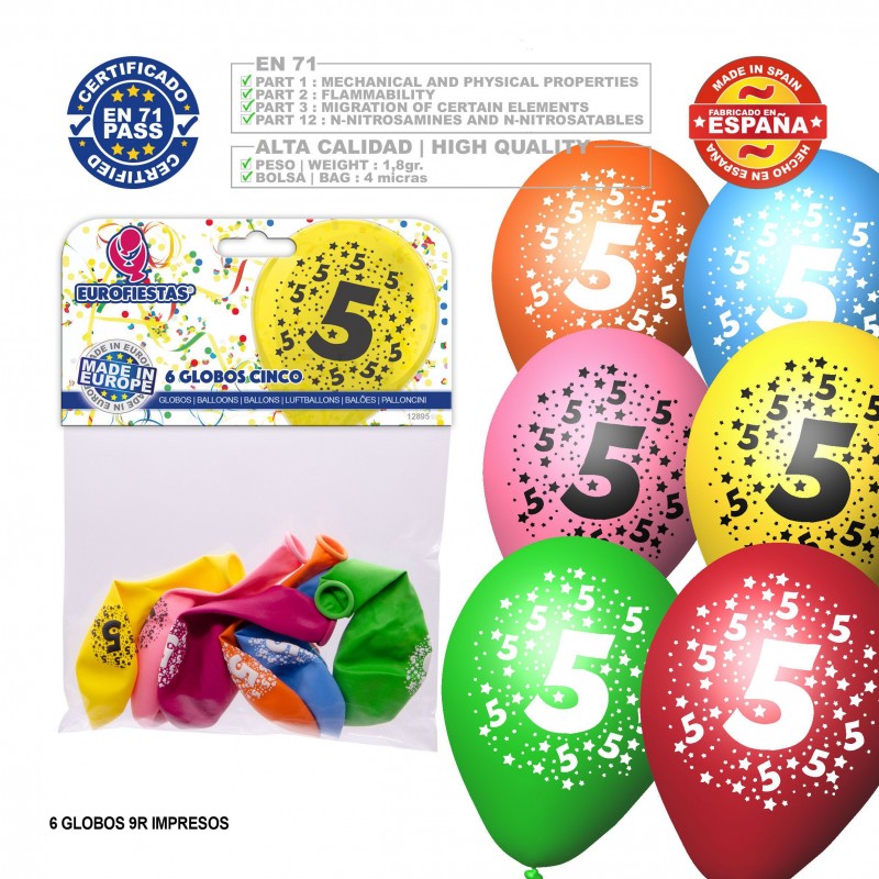 Pack globo colores surtidos 9r número 5 impreso 6 unidades