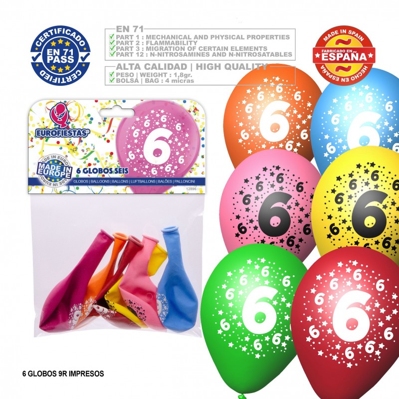 Pack globo colores surtidos 9r número 6 impreso 6 unidades