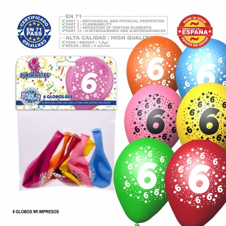 Pack Globo Colores Surtidos 9r Número 6 Impreso 6 Unidades