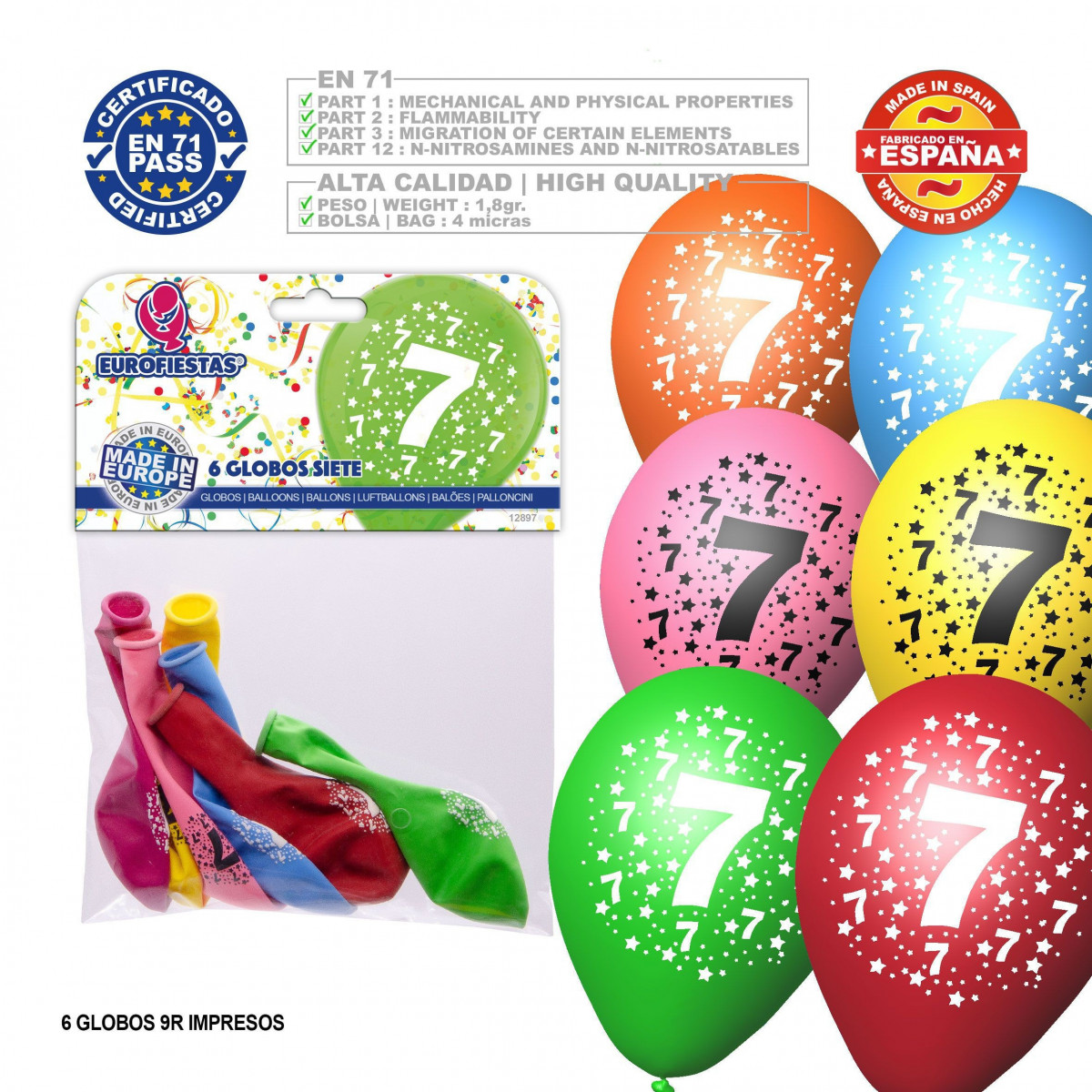 Pack globo colores surtidos 9r número 7 impreso 6 unidades