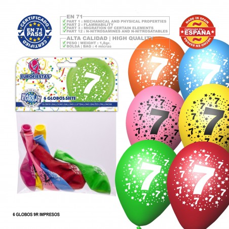 Pack Globo Colores Surtidos 9r Número 7 Impreso 6 Unidades