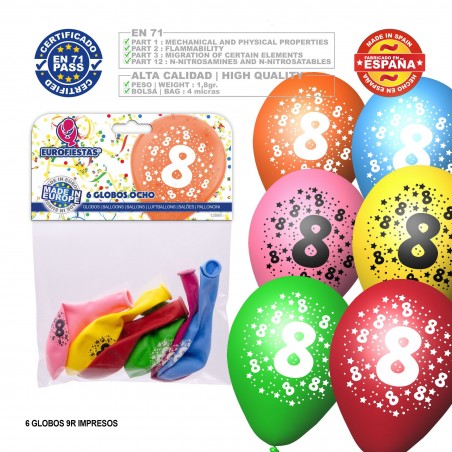 Pack Globo Colores Surtidos 9r Número 8 Impreso 6 Unidades