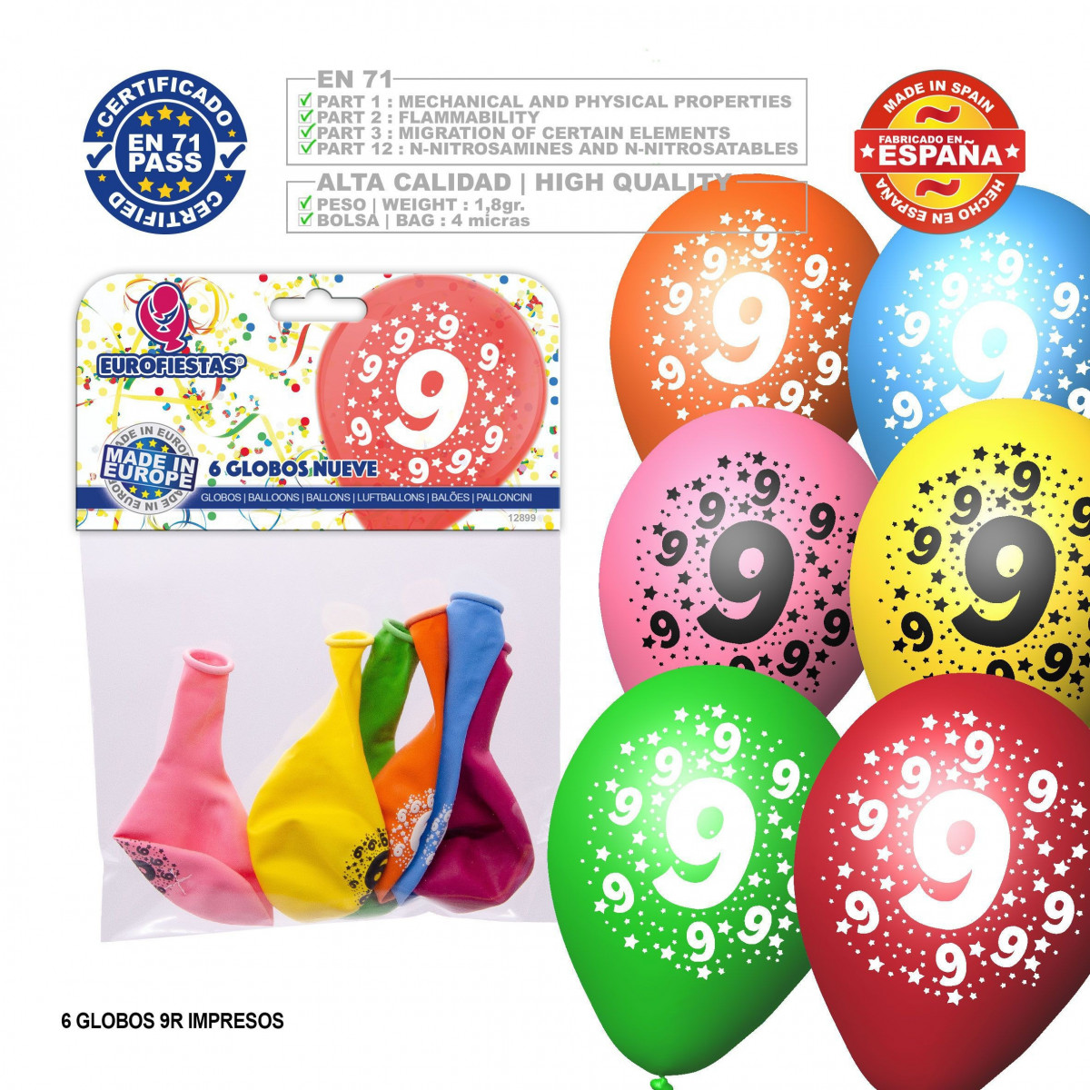 Pack globo colores surtidos 9r número 9 impreso 6 unidades