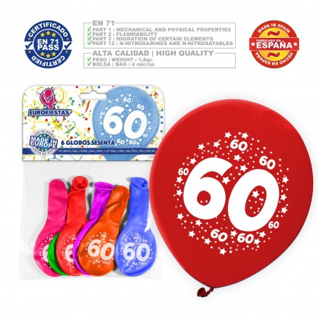 Pack Globo Colores Surtidos 9r Número 60 Impreso 6 Unidades