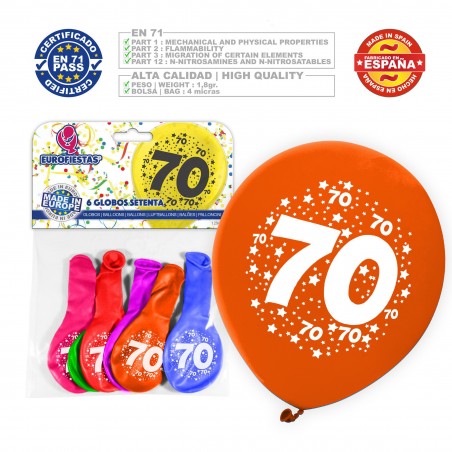 Pack Globo Colores Surtidos 9r Número 70 Impreso 6 Unidades