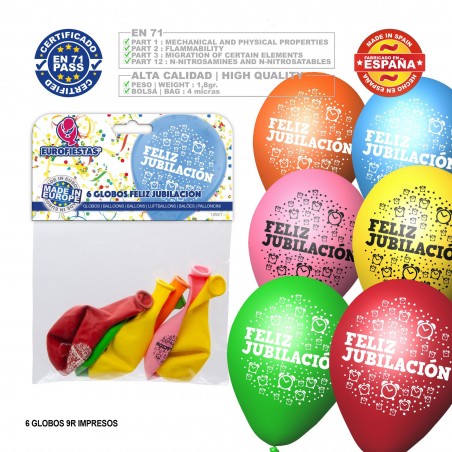 Pack globo colores surtidos 9r feliz jubilación impreso 6 unidades