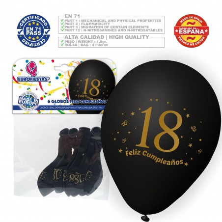 Pack Globos Feliz 18 Cumpleaños 6 Negro