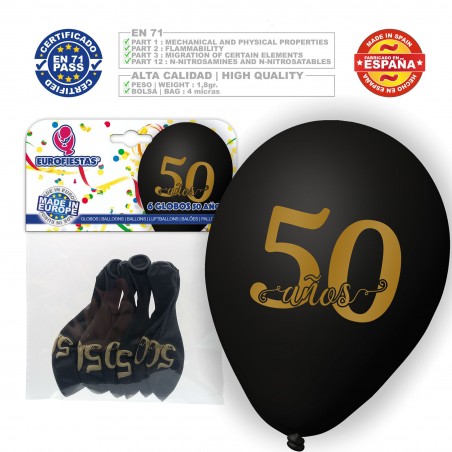 Pack Globos 50 Años 6 Negro