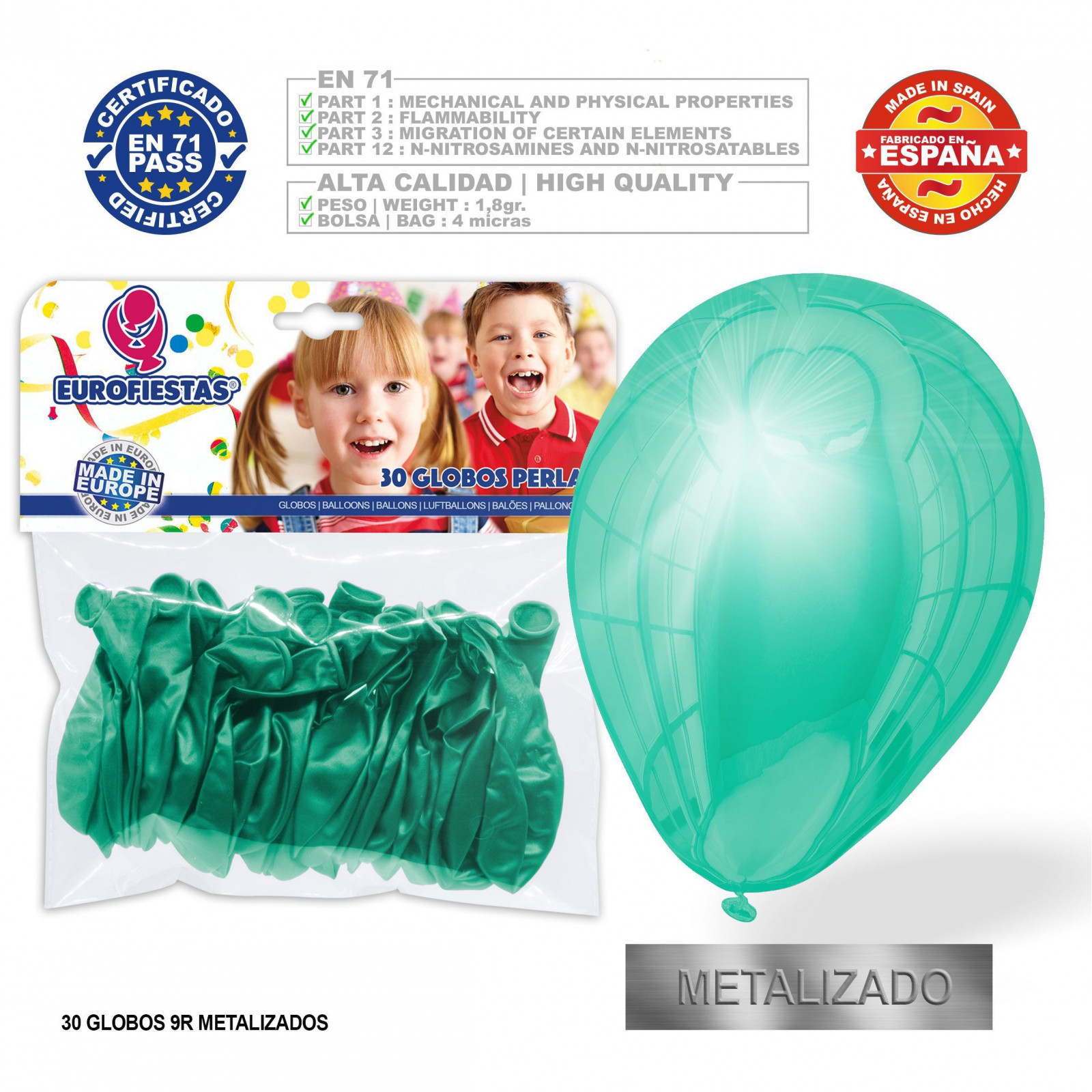 Pack globos verde menta metal 30u