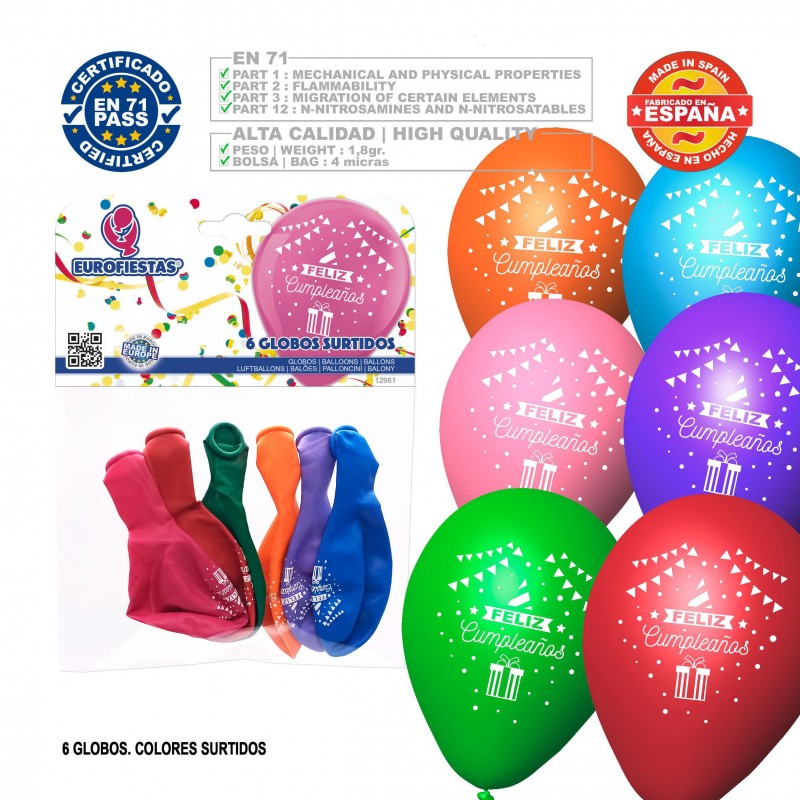 Pack Globos Feliz Cumpleaños 6 Surtidos Pack Globos Feliz Cumpleaños 6 Surtidos