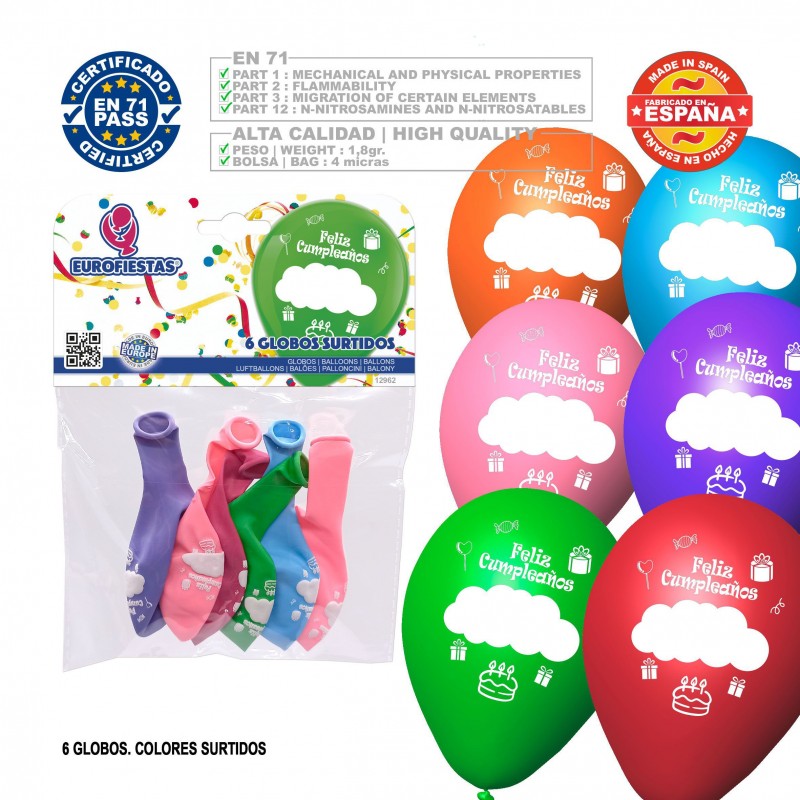 Pack Globos Feliz Cumpleaños 6 Surtidos Pack Globos Feliz Cumpleaños 6 Surtidos