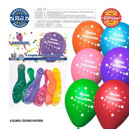 Pack globos muchas felicidades 6 surtidos