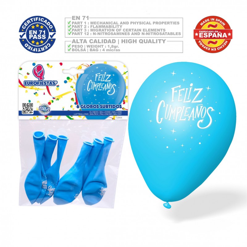 Pack Globos Feliz Cumpleaños 6 Celeste Pack Globos Feliz Cumpleaños 6 Celeste