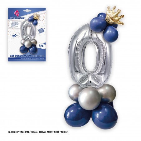 Set Globo Foil Corona 80cm 0 Plata Azul