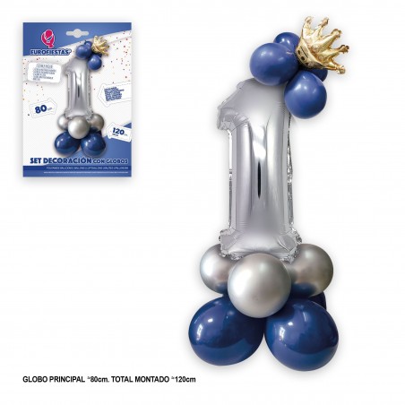 Set Globo Foil Corona 80cm 1 Plata Azul