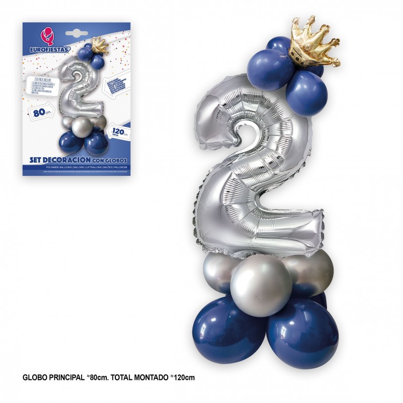 Set globo foil corona 80cm 2 plata azul