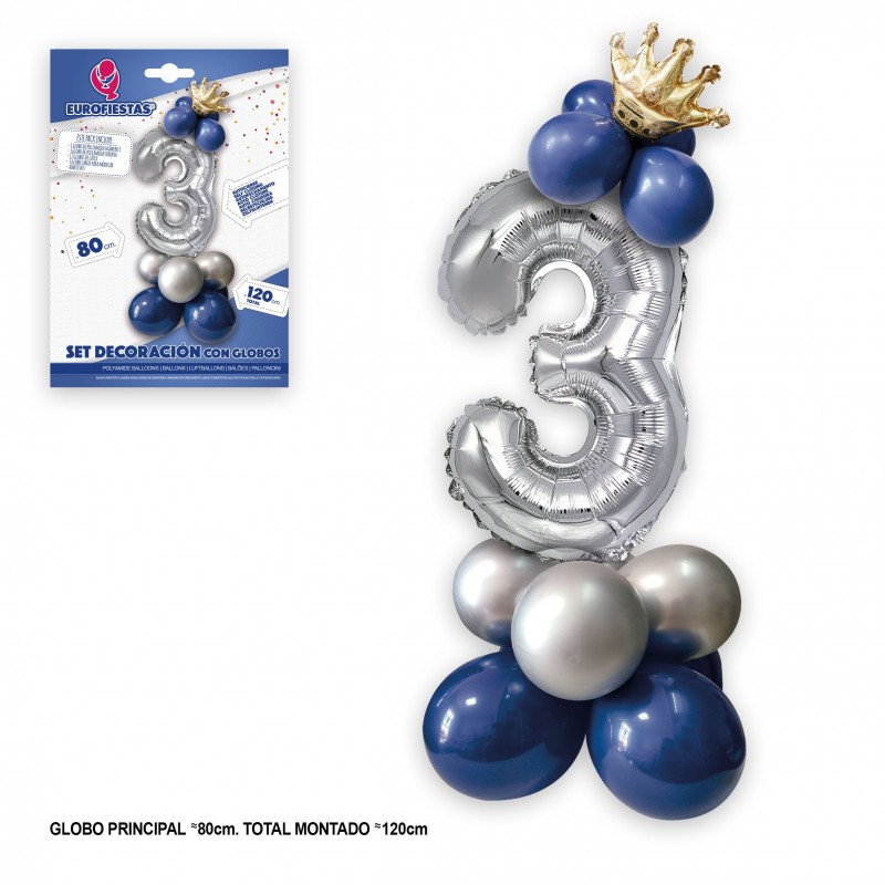 Set globo foil corona 80cm 3 plata azul