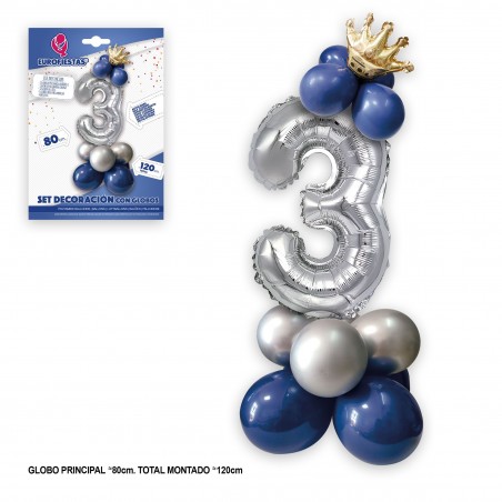 Set Globo Foil Corona 80cm 3 Plata Azul
