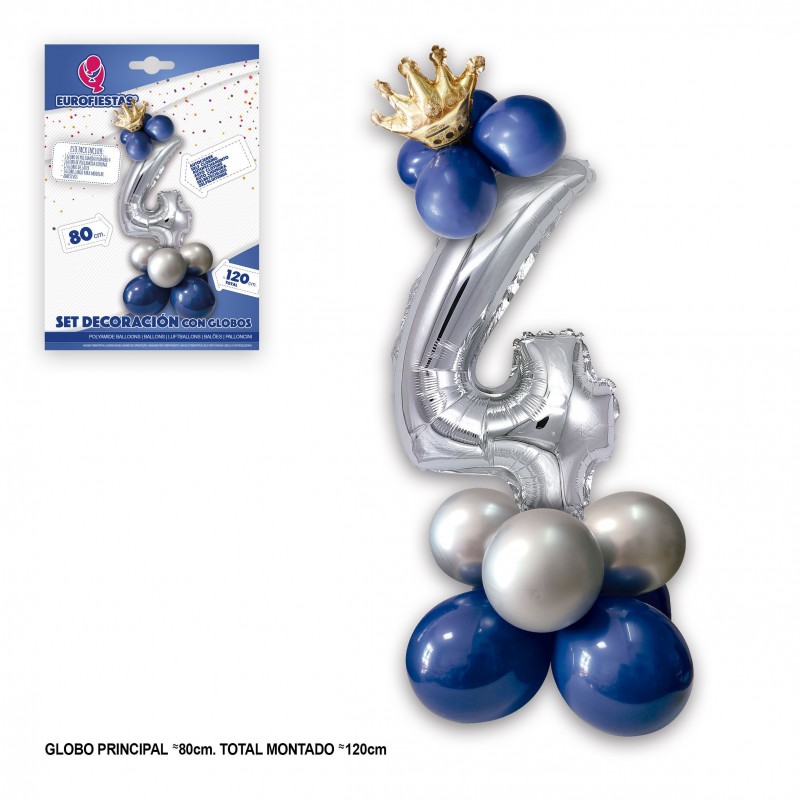 Set globo foil corona 80cm 4 plata azul