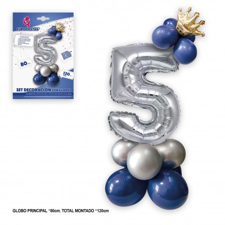 Set globo foil corona 80cm 5 plata azul