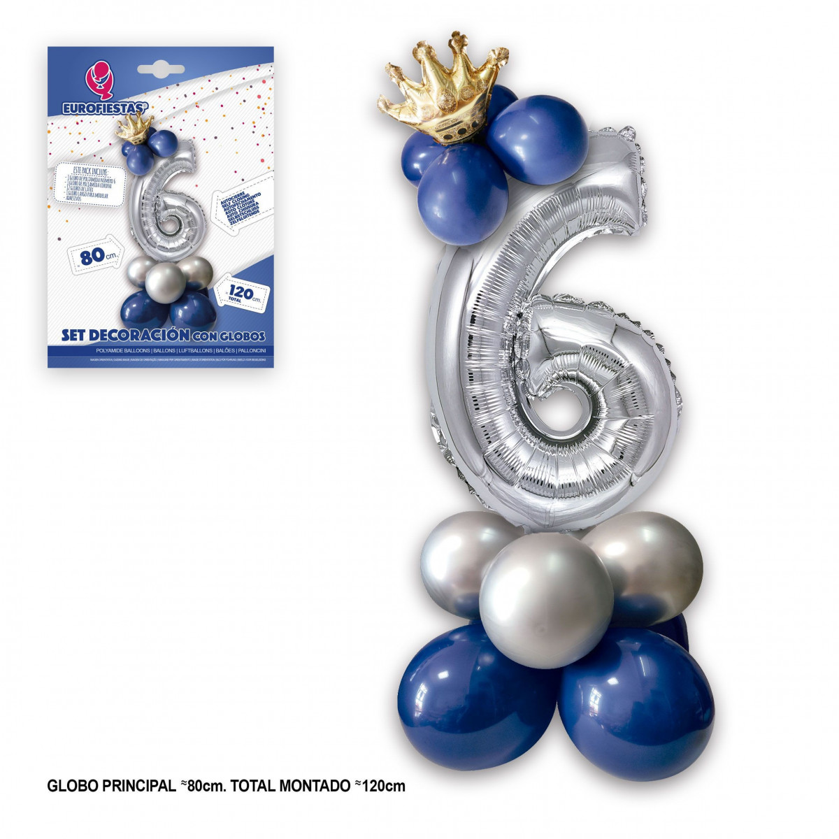 Set globo foil corona 80cm 6 plata azul
