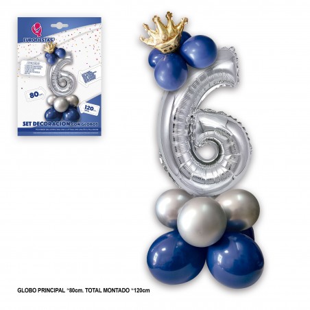 Set globo foil corona 80cm 6 plata azul
