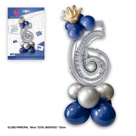 Set Globo Foil Corona 80cm 6 Plata Azul