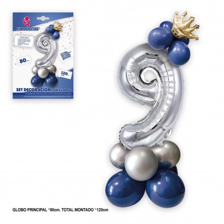 Set globo foil corona 80cm 9 plata azul