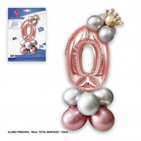 Set globo foil corona 80cm 0 plata rosa