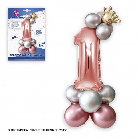 Set Globo Foil Corona 80cm 1 Plata Rosa