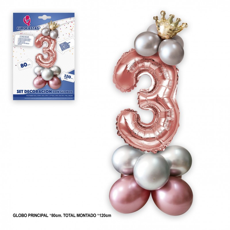 Set globo foil corona 80cm 3 plata rosa