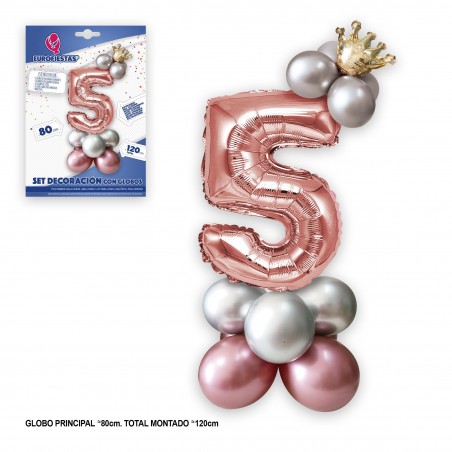 Set globo foil corona 80cm 5 plata rosa