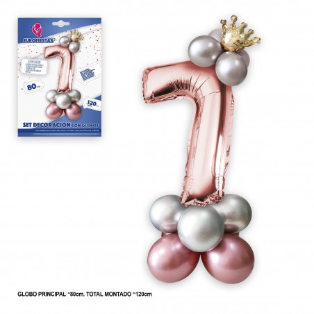 Set Globo Foil Corona 80cm 7 Plata Rosa