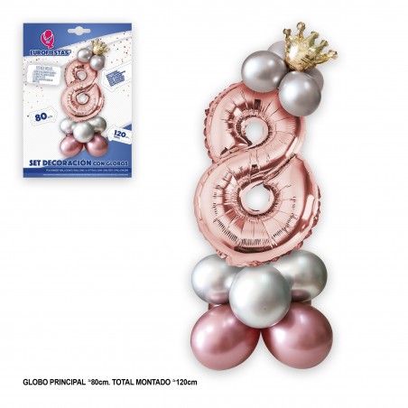 Set Globo Foil Corona 80cm 8 Plata Rosa