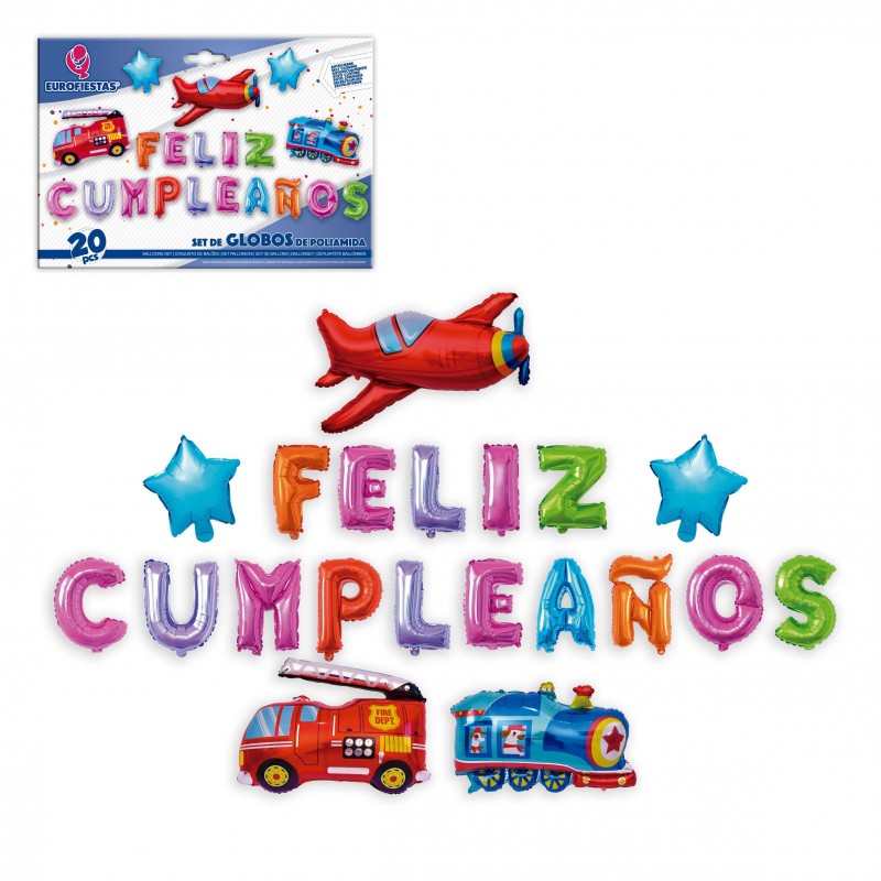 Set globos poliamida feliz cumpleños vehiculos