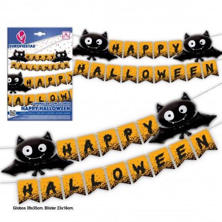 Guirnalda Happy Halloween + 2 Globos Murcielago