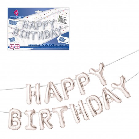 Set Globos Poliamida Happy Birthday 40cm Plata