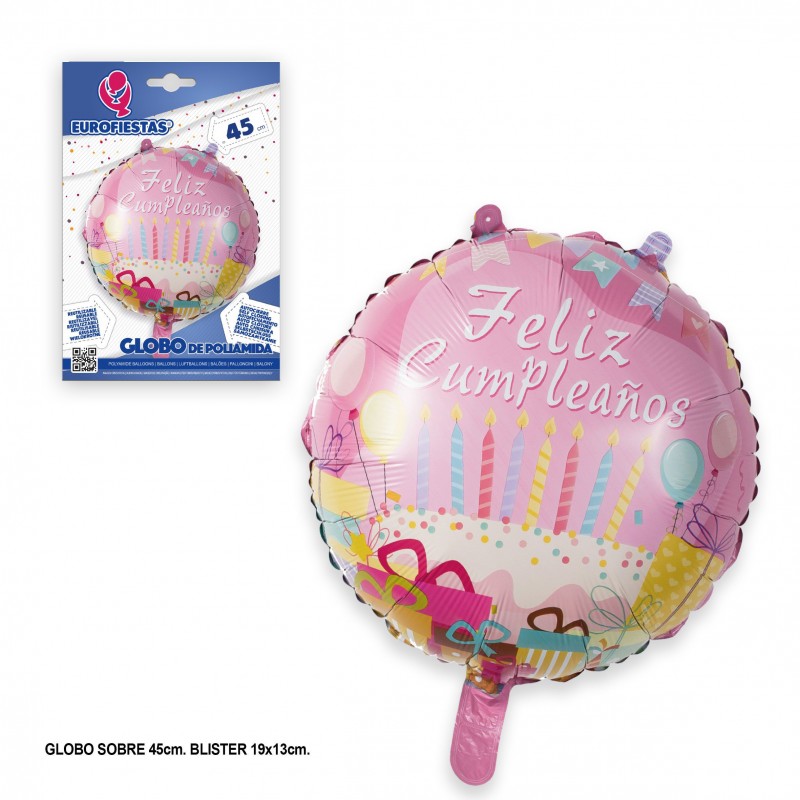 Globo poliamida feliz cumple velas rosa 45cm