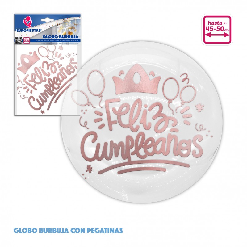 Globo burbuja+pegatinas cumpleaños oro rosa