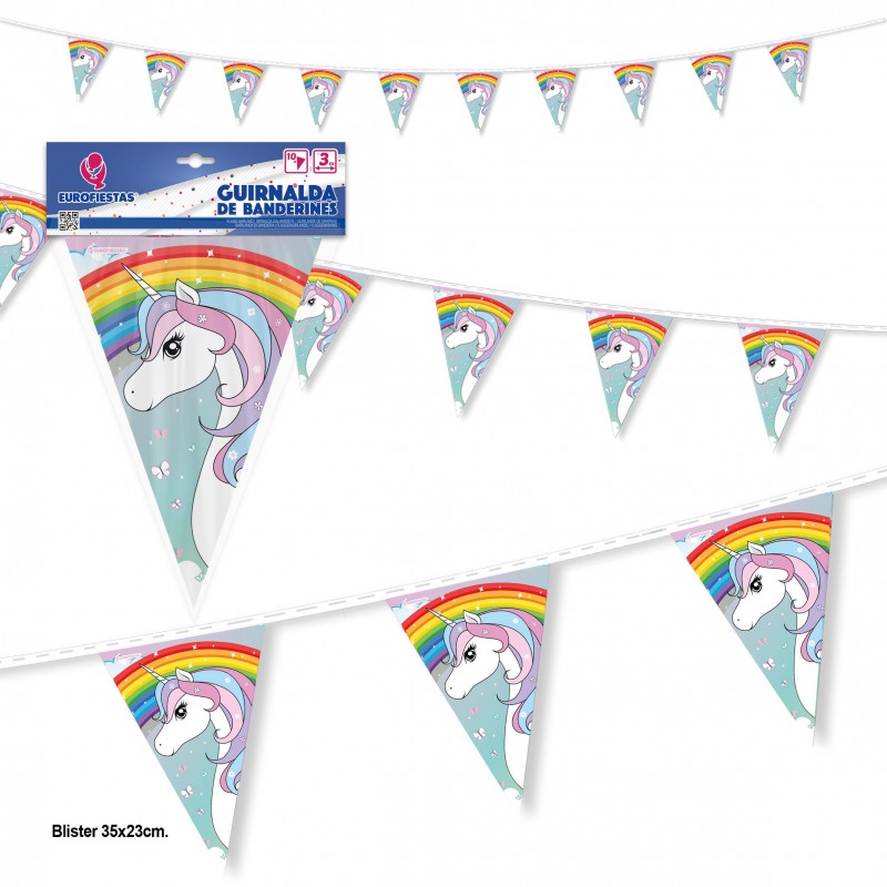 Guirnalda banderines papel unicornio arco iris