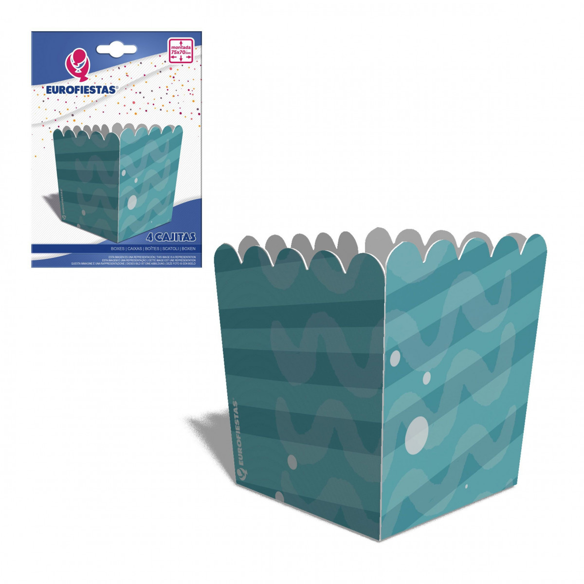 Cajita de palomitas azul con diseño de ondas: Pack de 4 unidades