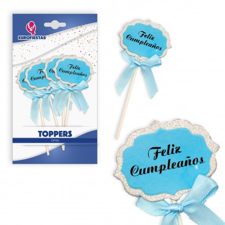 Topper feliz cumpleaños azul borde plata