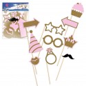 Complementos para photocall fiesta rosa y dorado: pack divertido con 10 accesorios