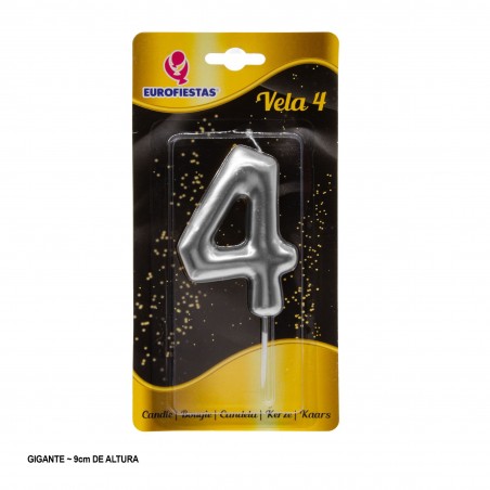 Vela Gigante Numero 4 9cm Plata
